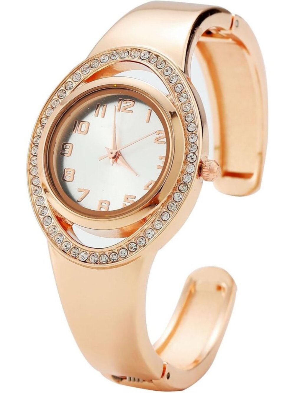 Women's Rose Gold Easy Read Arabic Numerals Quartz Rhinestone Bezel Open Watch